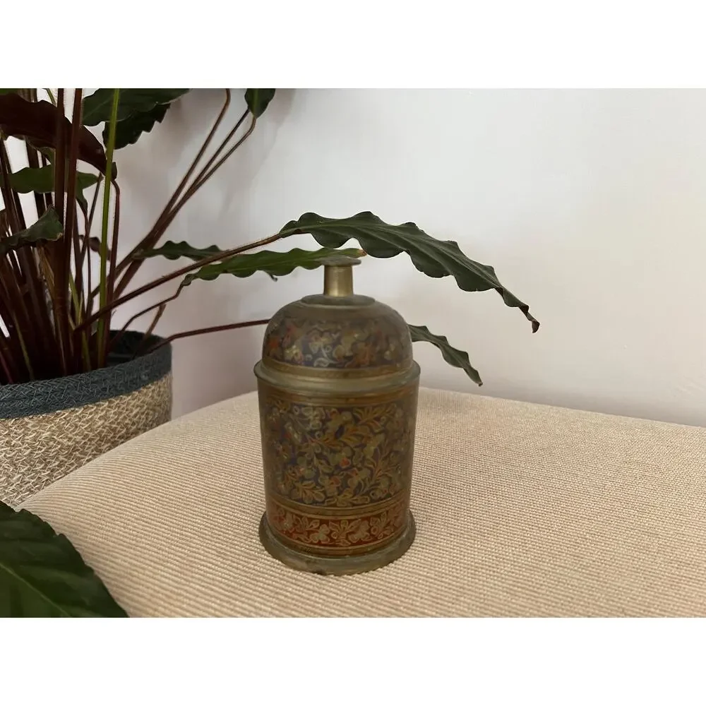 Vintage Brass Lidded Canister Hand Etched Bell Top Jar Bohemian Trinket Box